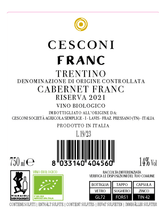 Cesconi DOC Trentino Cabernet Franc Riserva Bio 2021