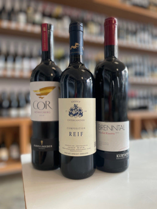 Erbhof Unterganzner Composition Reif 2023 mit Alois Lageder Cabernet Sauvignon COR Römigberg 2018 und Kellerei Kurtatsch Merlot Brenntal 2021 im Paket