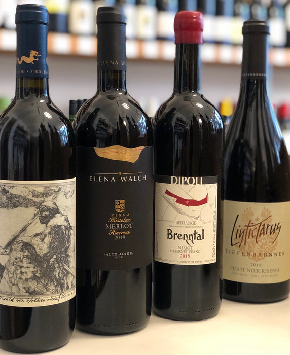 Erbhof Unterganzner Lagrein Lamarein 2019 im Paket mit 2019 Merlot Riserva Kastelaz (Elena Walch) 2019 Cabernet-Merlot Brenntal (Dipoli) 2019 Blauburgunder Linticlarus (Tiefenbrunner) jeweils 1 Flasche  à 0,75 L